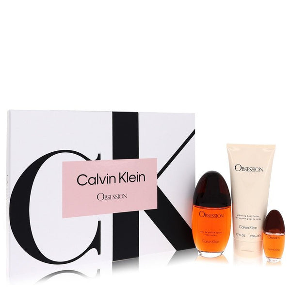 Obsession by Calvin Klein Gift Set -- 3.4 oz Eau De Parfum Spray + 6.7 oz Body Lotion + .5 oz Mini EDP Spray (Women)