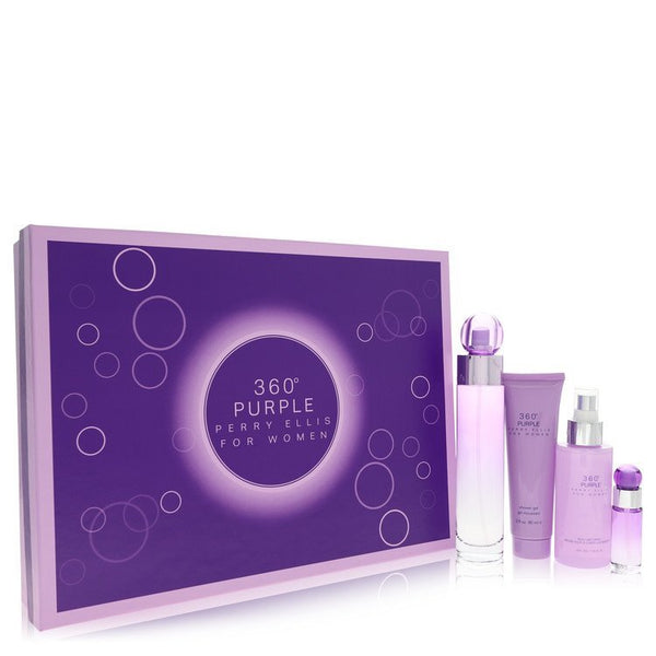 Perry Ellis 360 Purple by Perry Ellis Gift Set -- 3.4 oz Eau De Parfum Spray + .25 oz Mini EDP Spray + 4 oz Body Mist Spray + 3 oz Shower Gel (Women)