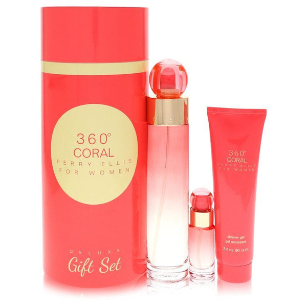 Perry Ellis 360 Coral by Perry Ellis Gift Set -- 3.4 oz Eau de Parfum Spray + .25 oz Mini EDP Spray + 3 oz Shower Gel (Women)